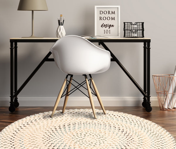 office dorm room desk chair and round braided rug neutral colors 