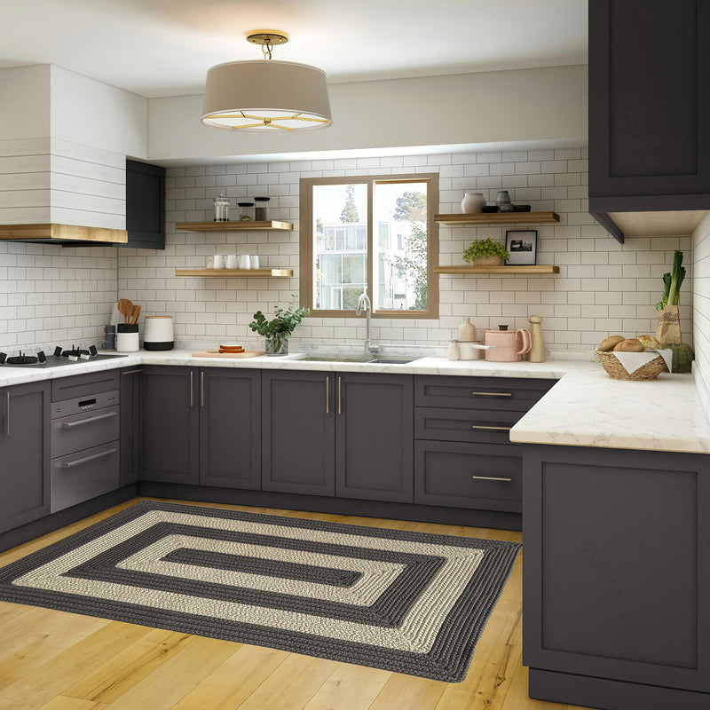 Timeless Gray Braided Rug Concentric Rectangle Roomshot image