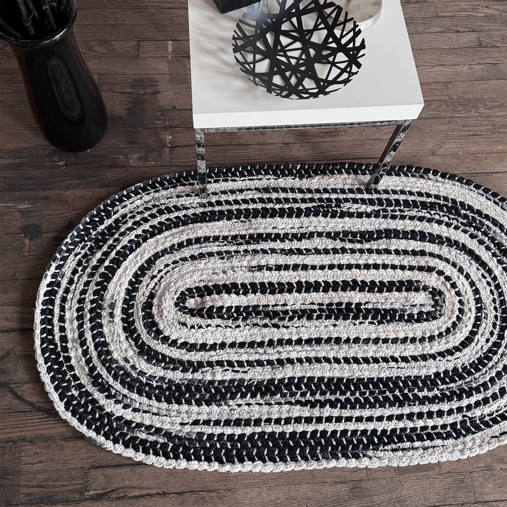 Crafted Black White Braided Rug Oval image