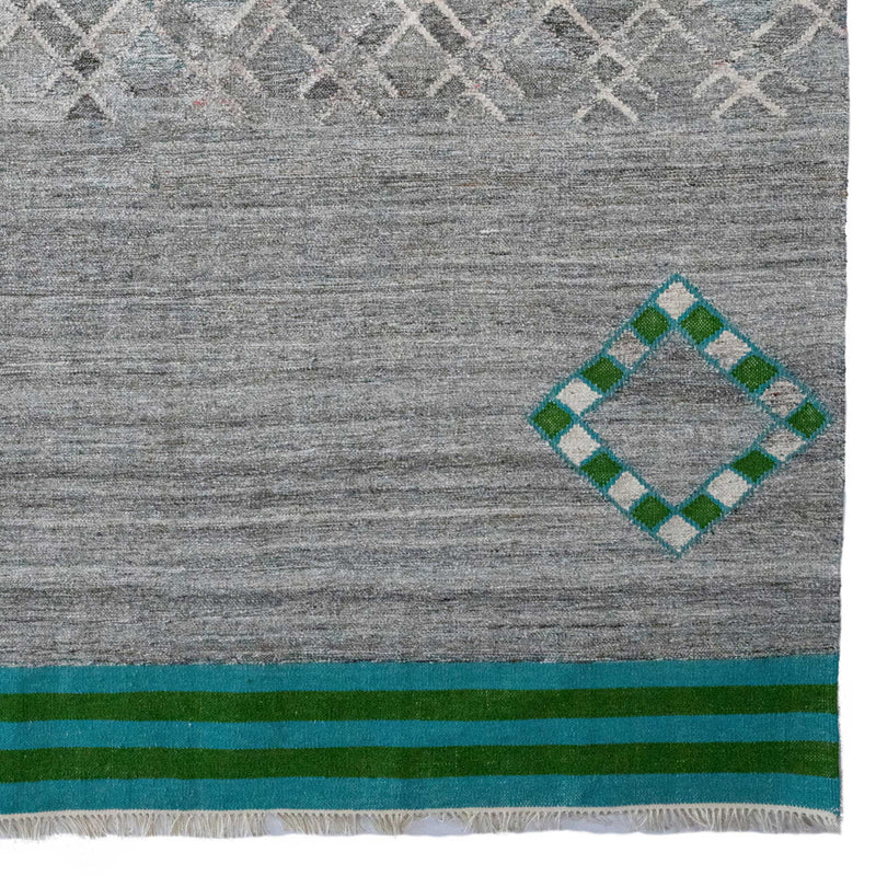 Vintage Moroc Green Gray Flat Woven Rug Rectangle Corner image