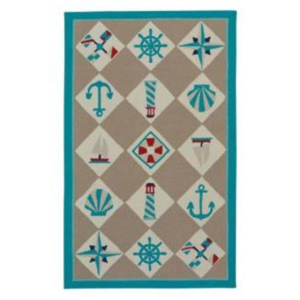 Nautical Grid Beige Loop Hooked Rug Rectangle image